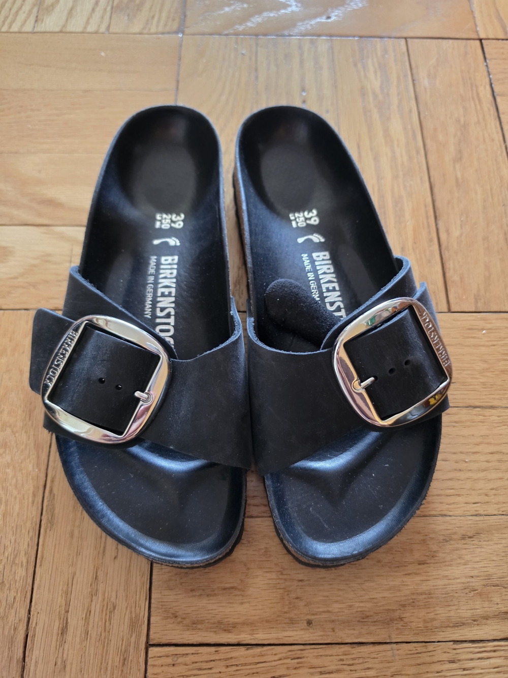 Birkenstock Madrid Black Slide Sandals with Silver Buckle